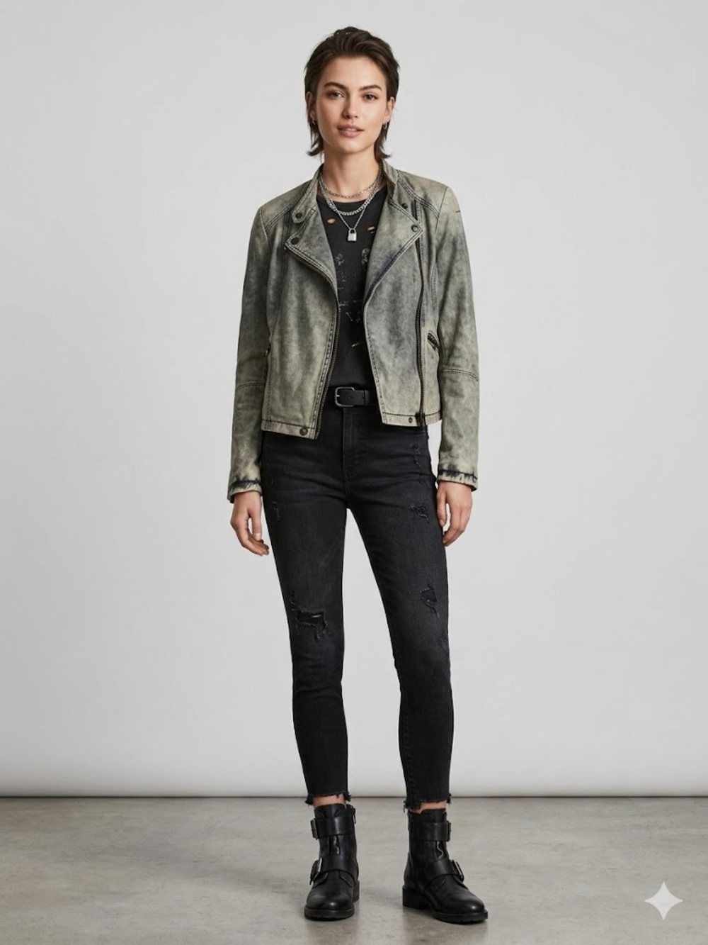 IRO Distressed Ashville Washed Olive Green/Grey Leather Moto Jacket - Lambskin